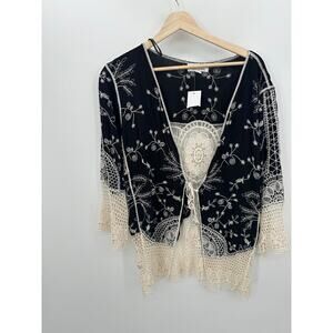 Anneliese Open Front Cardigan Women large Black Cream Crotchet Lace Boho Hippie